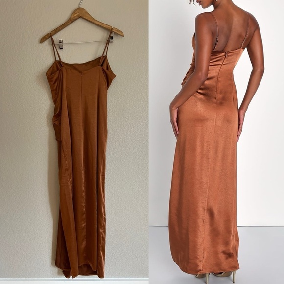 NWOT Celebrated Elegance Bronze Satin Twist-Front Maxi Dress - Picture 3 of 8